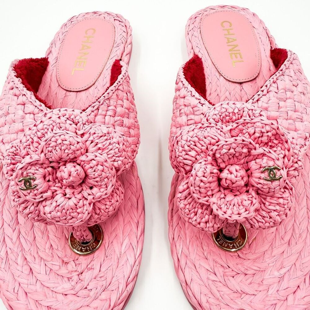Chanel CC Raffia Camellia Flower Flat Sandals EU 37.5 - Picture 13 of 14
